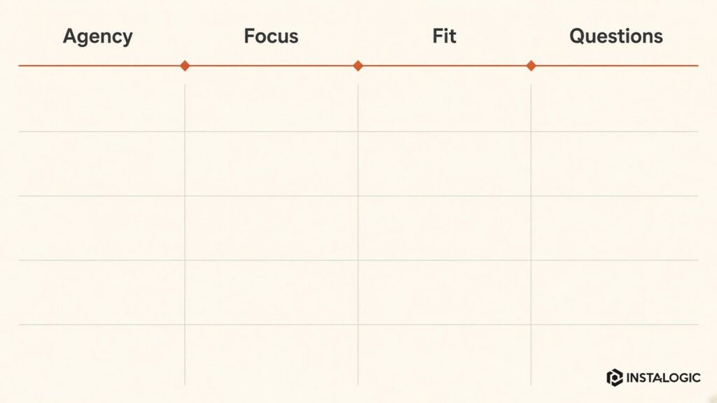 A comparison matrix with columns: agency, strongest public focus, good fit for, questions to ask