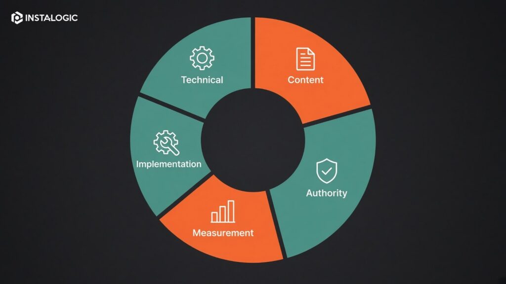 Five-part SEO agency evaluation wheel: technical, content, authority, measurement, implementation