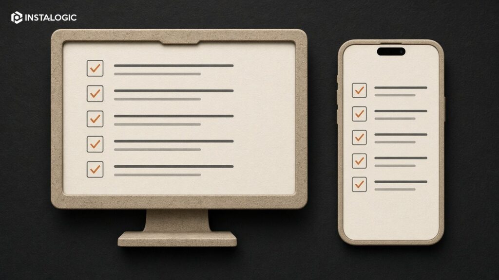 Website design review checklist shown on desktop and mobile frames