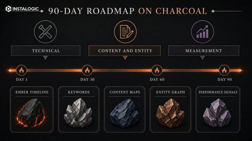 90-day AI visibility roadmap across technical, content/entity and measurement phases