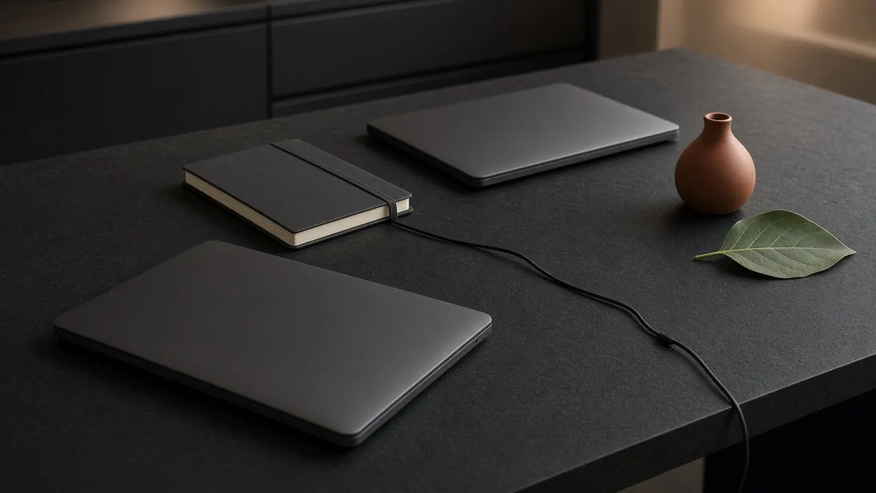 Two closed laptops connected by one cable on a dark desk