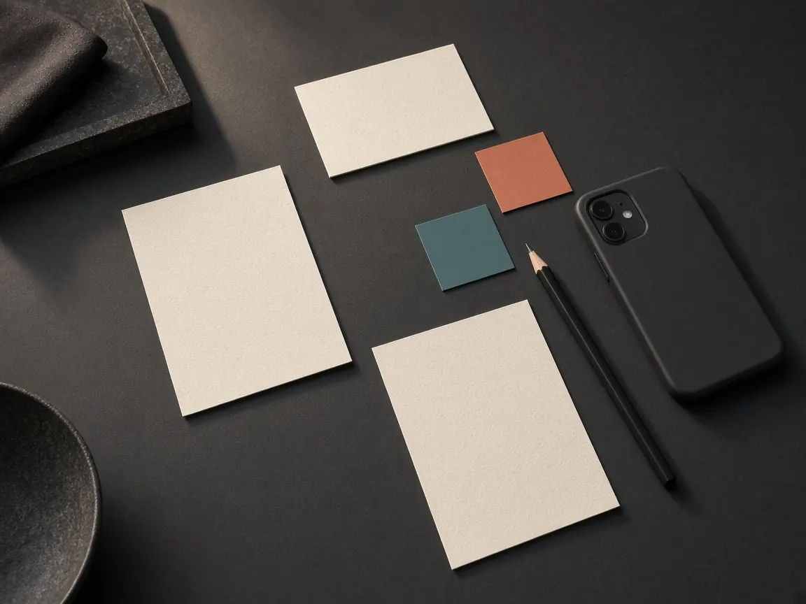 Blank cards, colour swatches, a pencil and a phone laid out for campaign planning