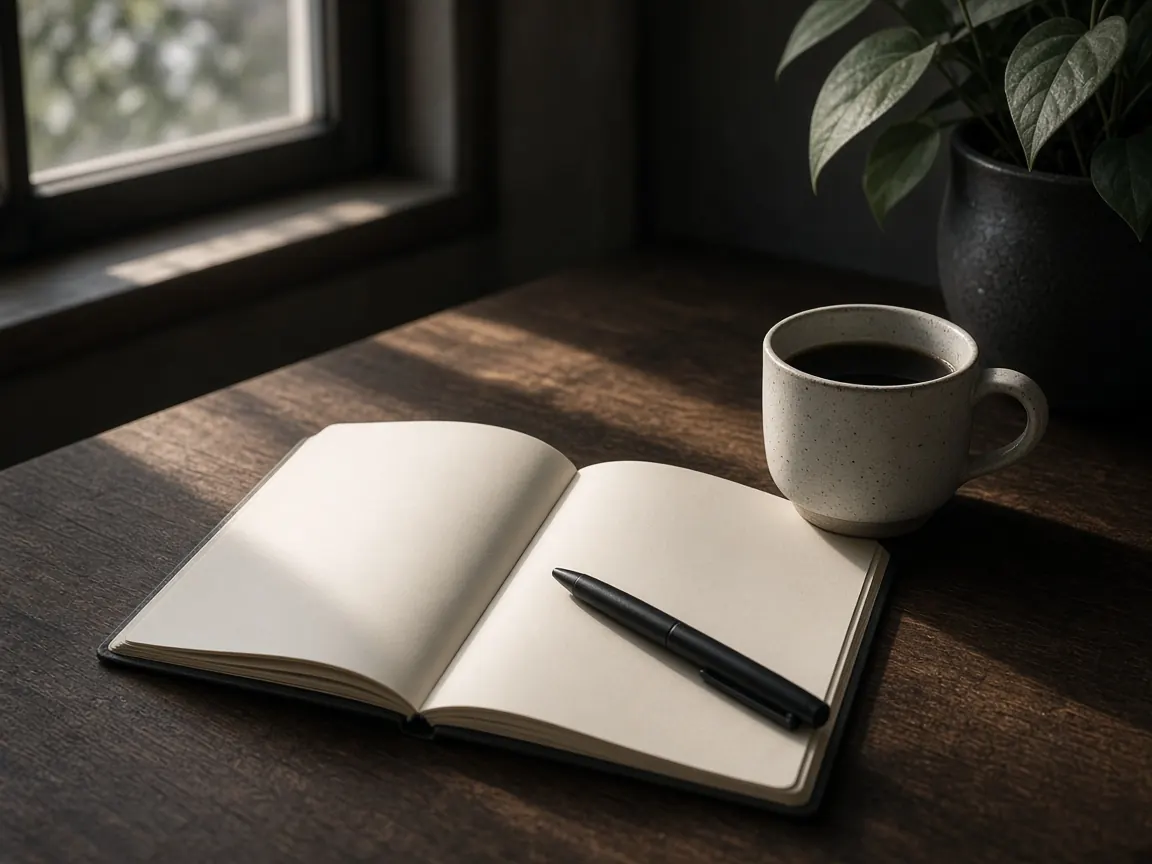 Open notebook with a pen and a cup of coffee on a desk by a window