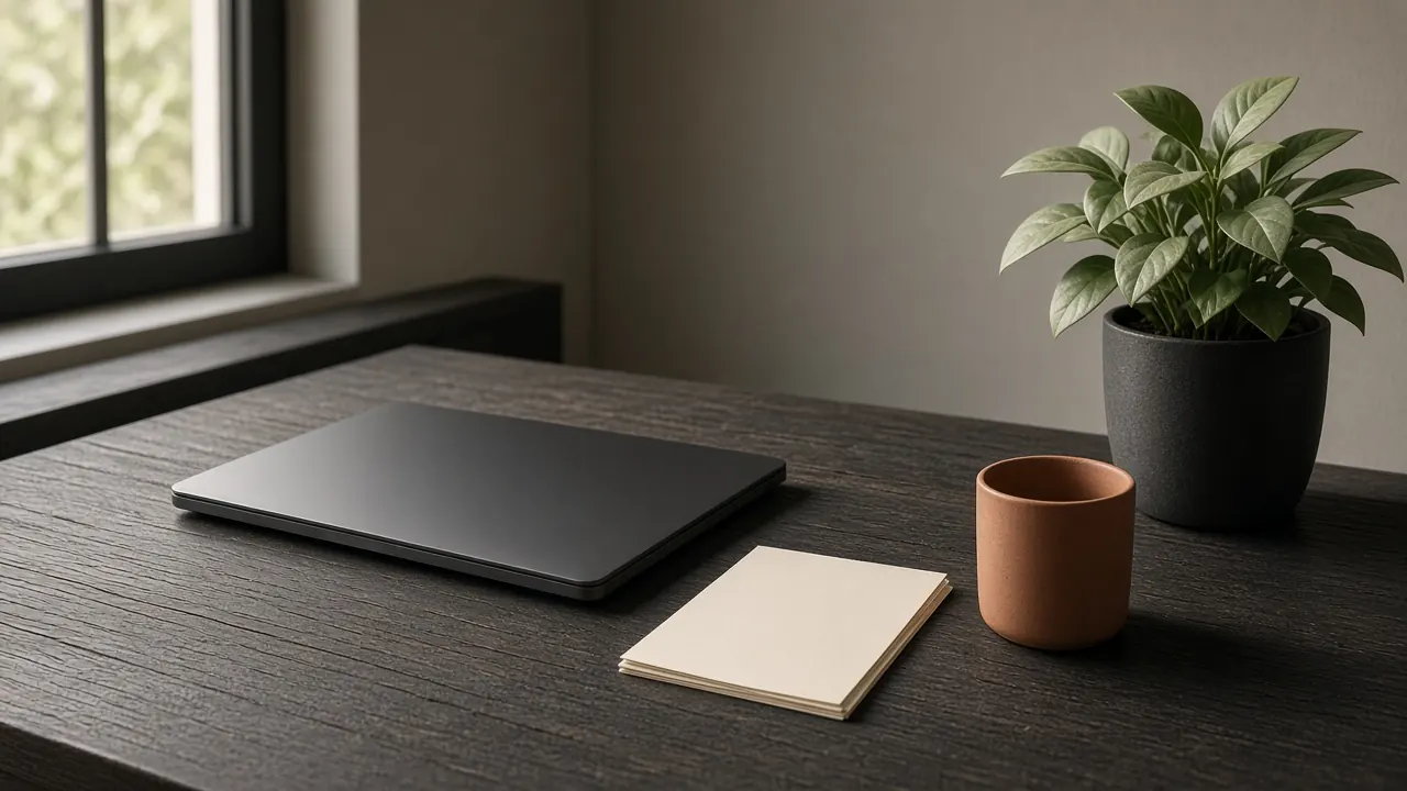 Closed laptop, notepad and plant on a quiet desk beside a window