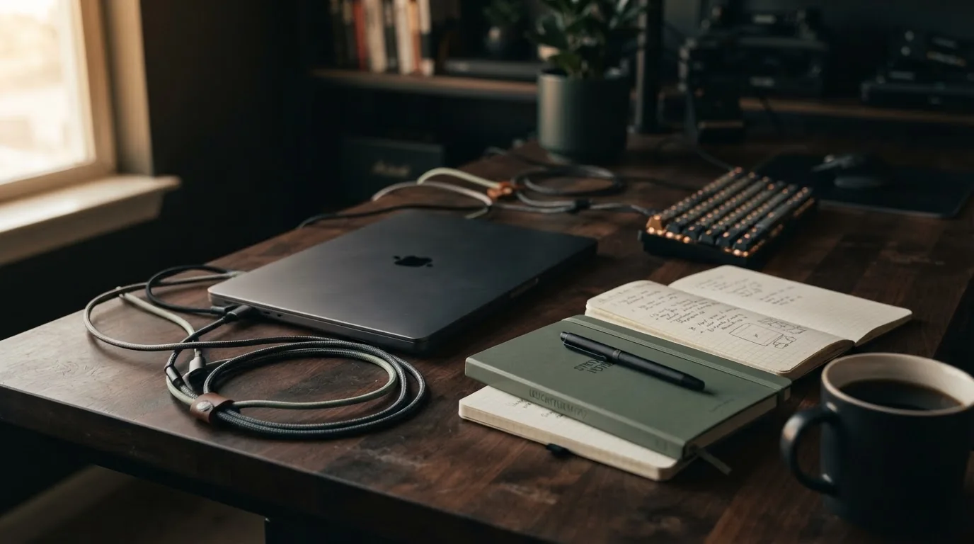 Laptop, coiled cables, notebooks and coffee on a wooden workbench