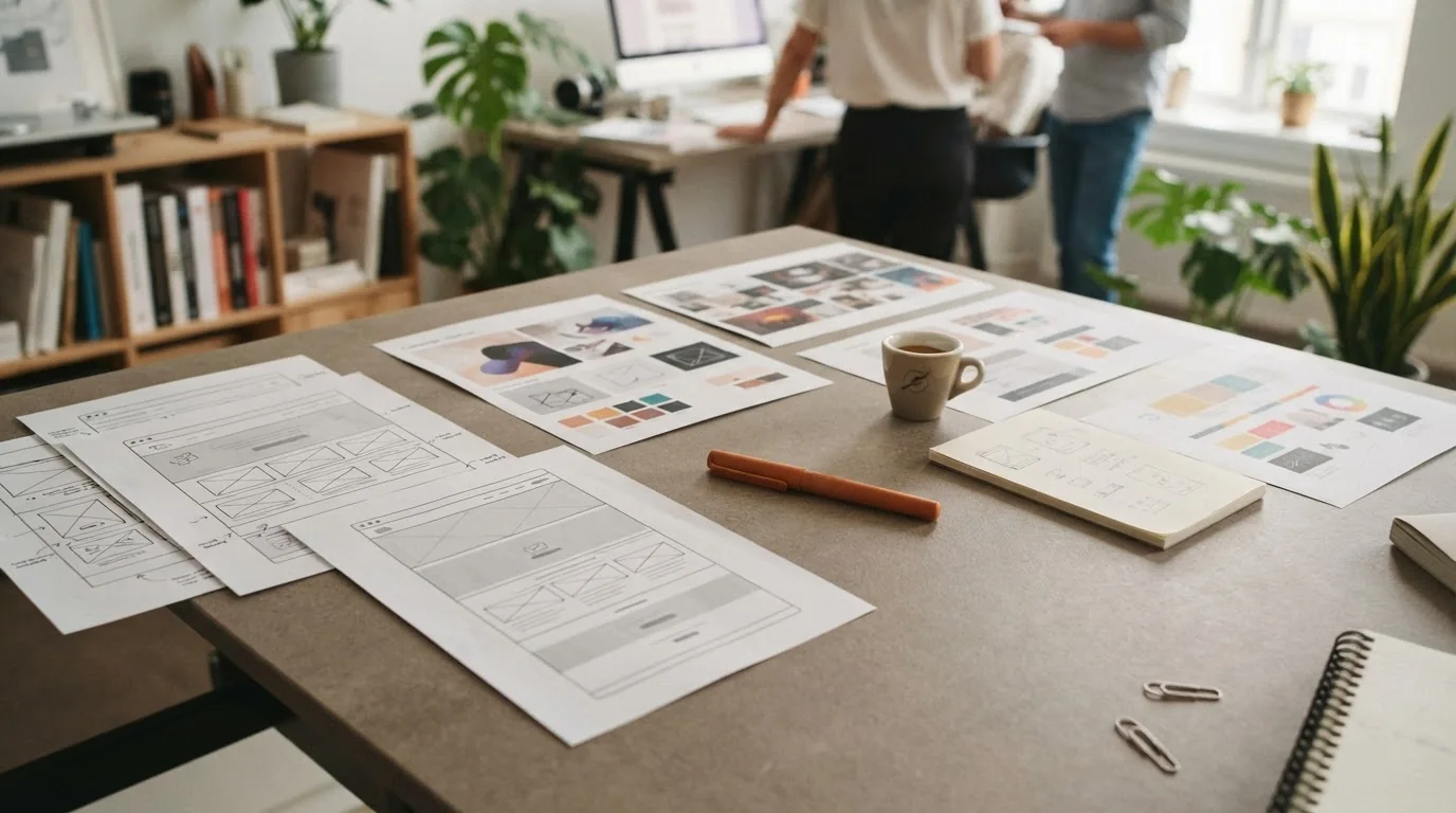 Printed page layouts and wireframes spread across a studio table