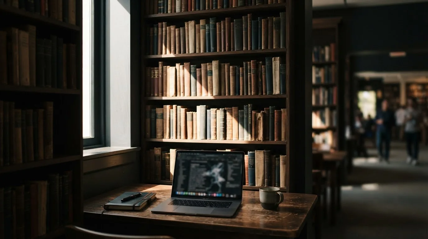 Laptop on a library desk surrounded by tall bookshelves