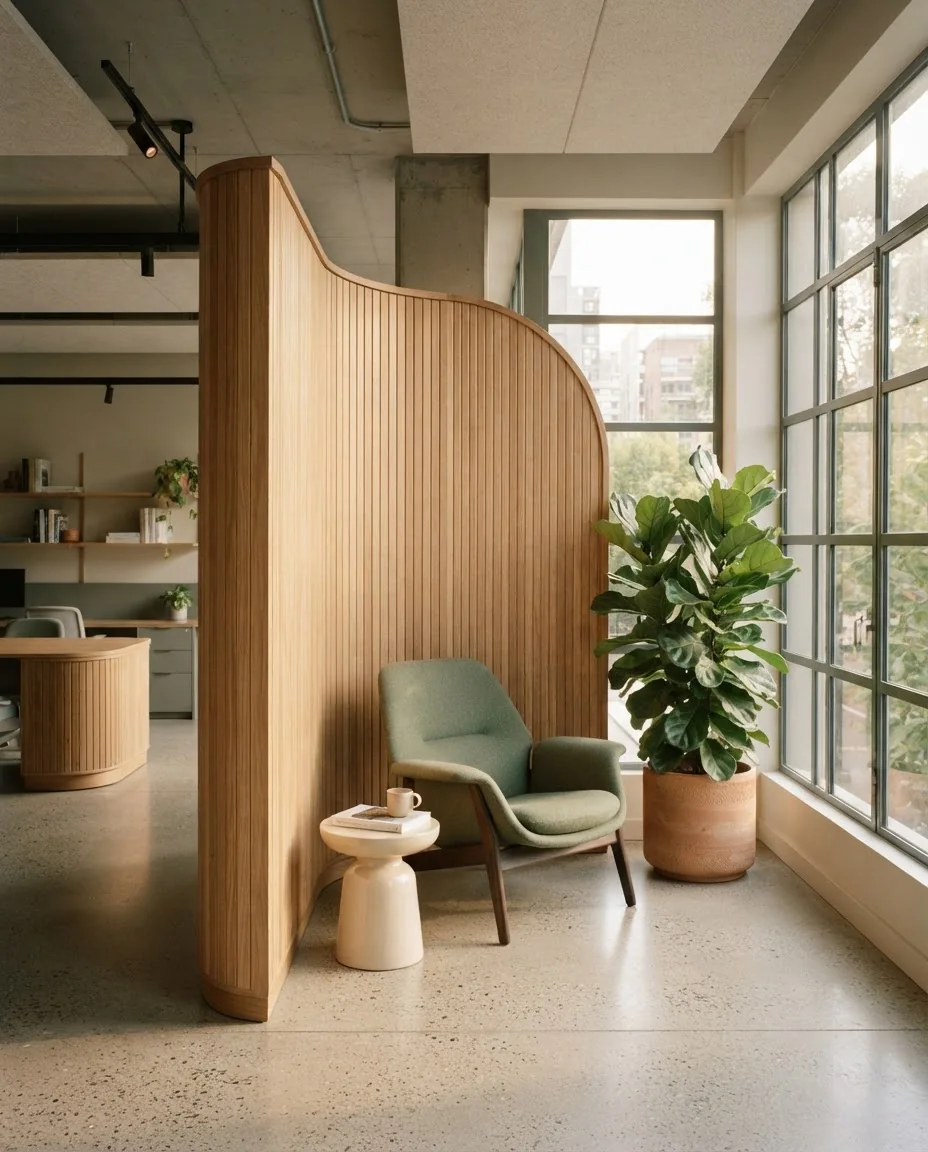 Bright studio corner with a curved timber partition, armchair and plants