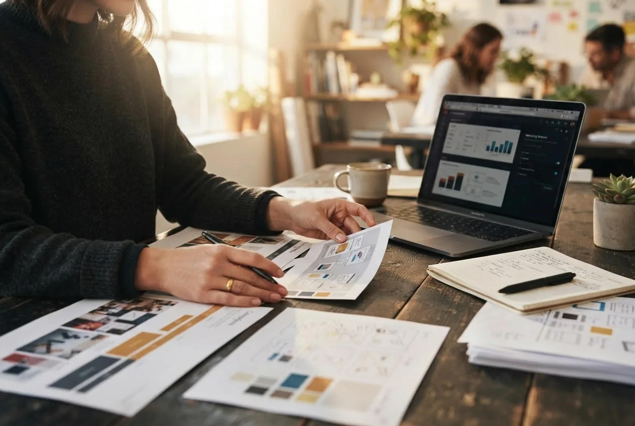 Person reviewing printed charts next to a laptop showing a dashboard (stock photo, not client work)