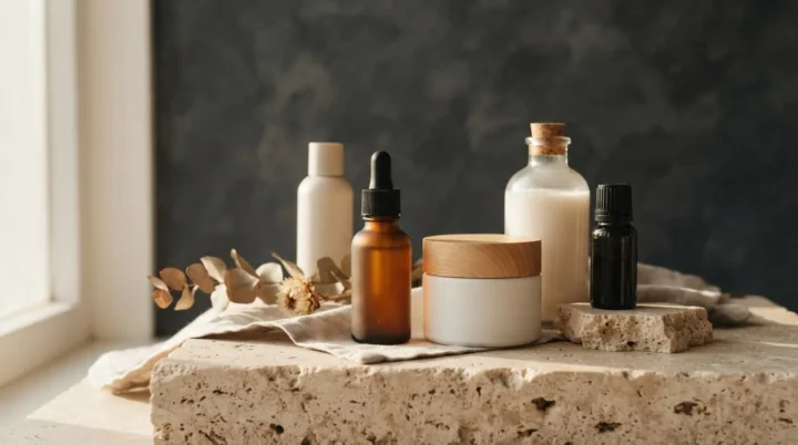 Skincare bottles and jars styled on a stone block for product photography