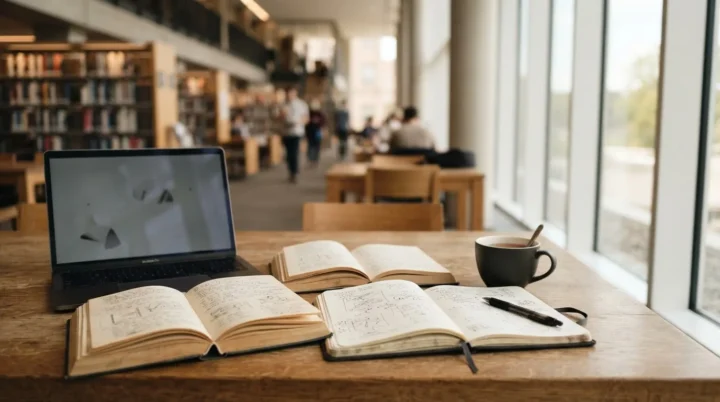 Open books, a notebook and a laptop on a desk in a bright library