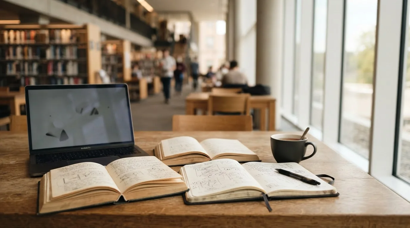 Open books, a notebook and a laptop on a desk in a bright library