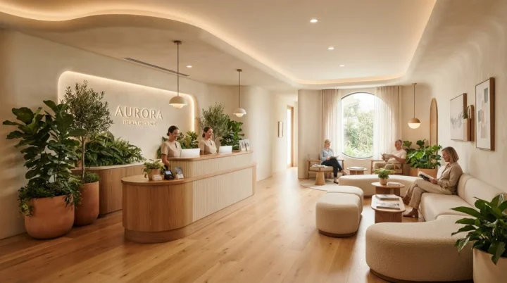 Calm clinic reception with a front desk, plants and seating