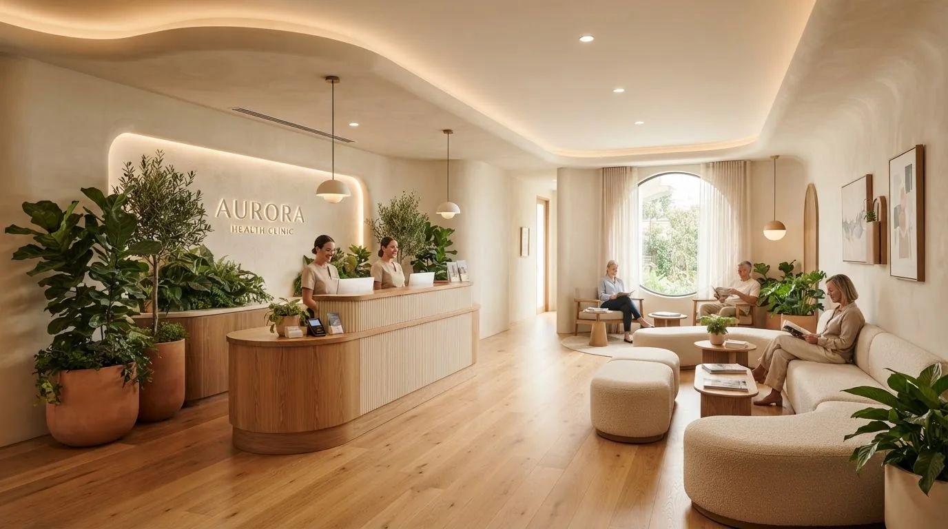 Calm clinic reception with a front desk, plants and seating