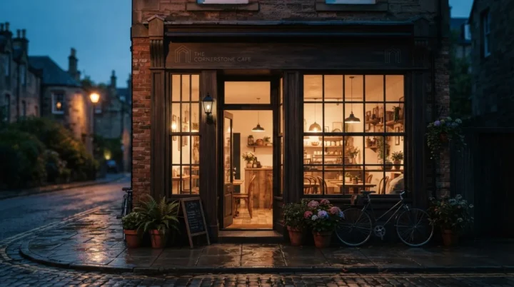 Brick shopfront at dusk with warm light and customers inside