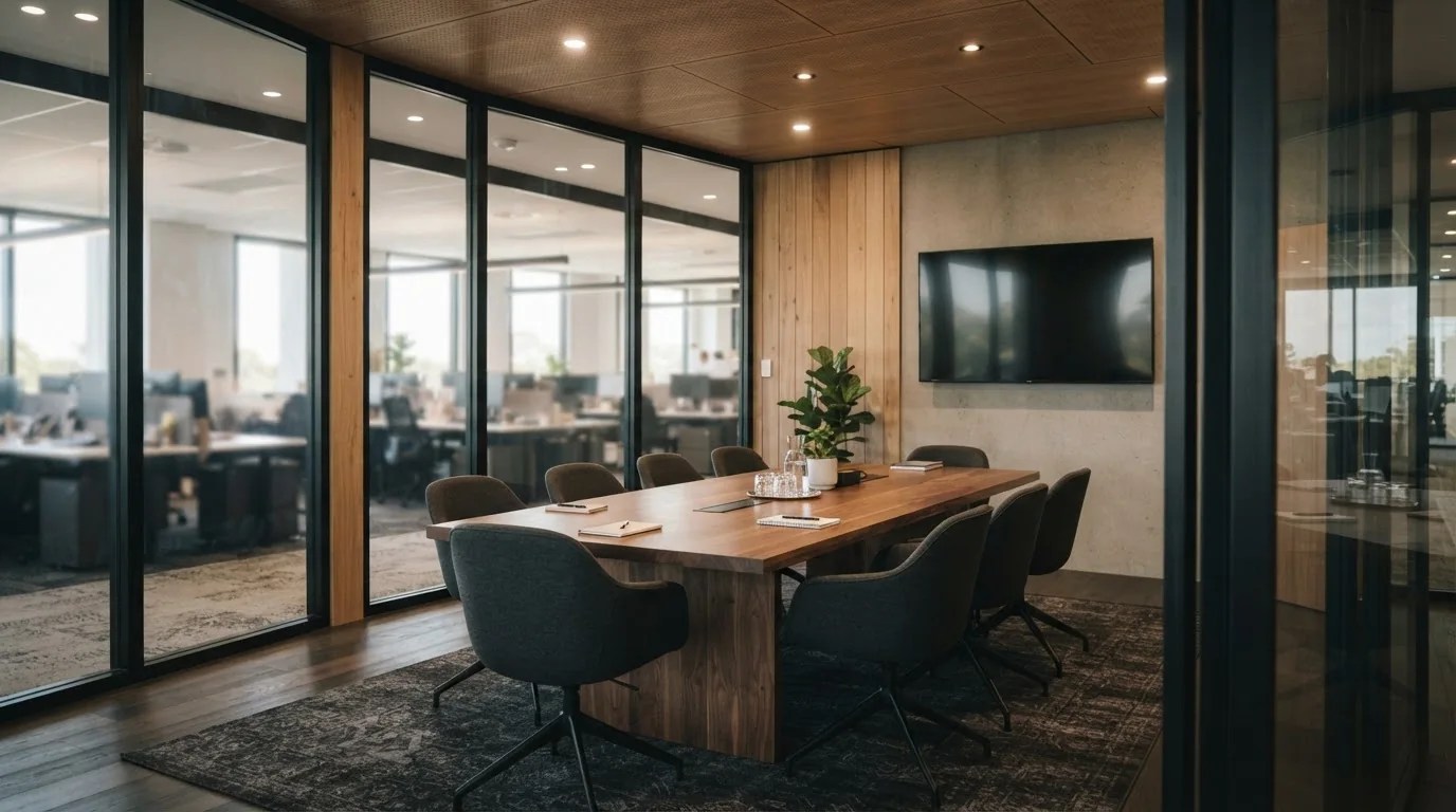 Glass-walled meeting room with a long timber table and a wall screen