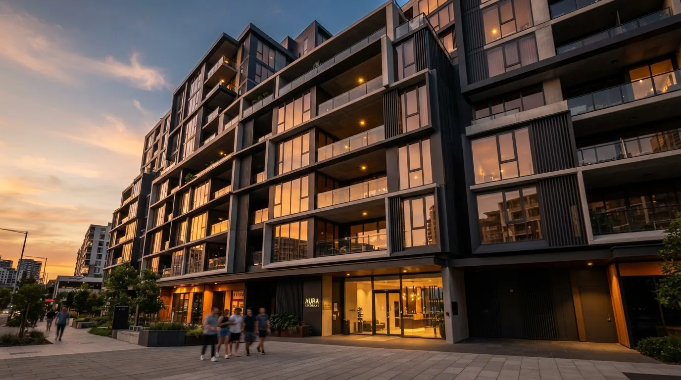 Modern apartment building at sunset with people walking past the entrance