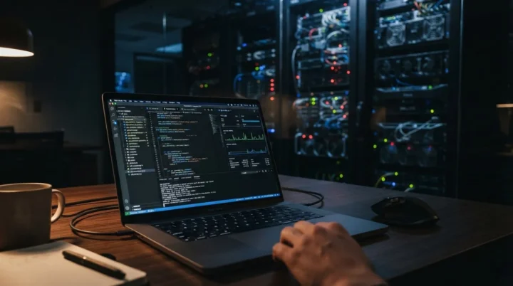 Developer typing code on a laptop beside lit server racks