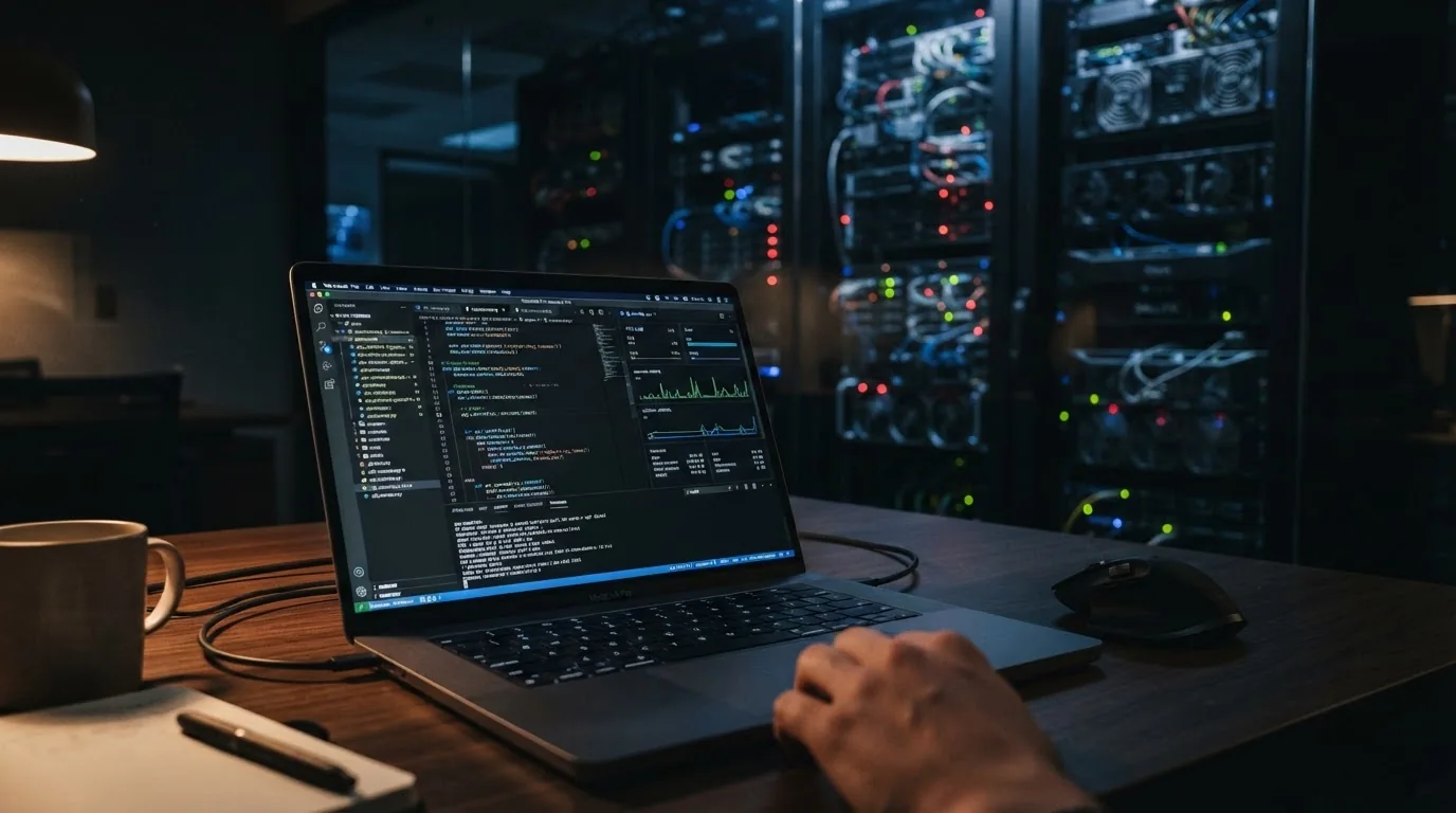 Developer typing code on a laptop beside lit server racks