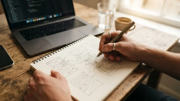 Hand sketching page wireframes in a notebook next to a laptop