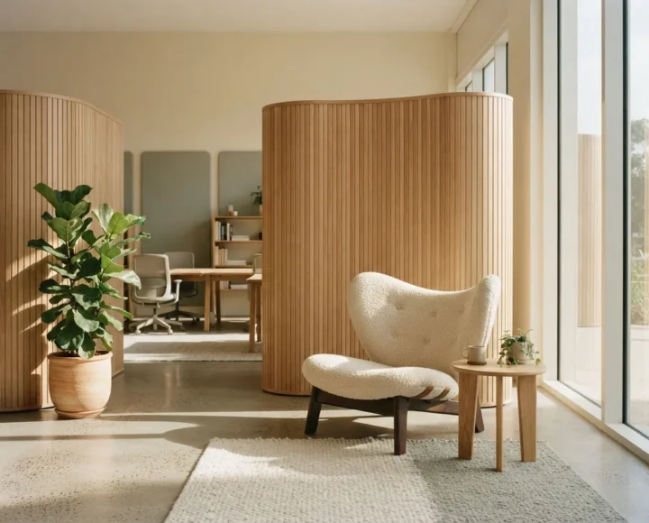 Bright studio with a curved timber partition, armchair and potted plant