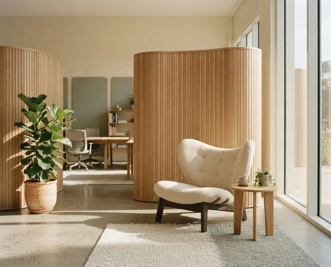 Bright studio with a curved timber partition, armchair and potted plant