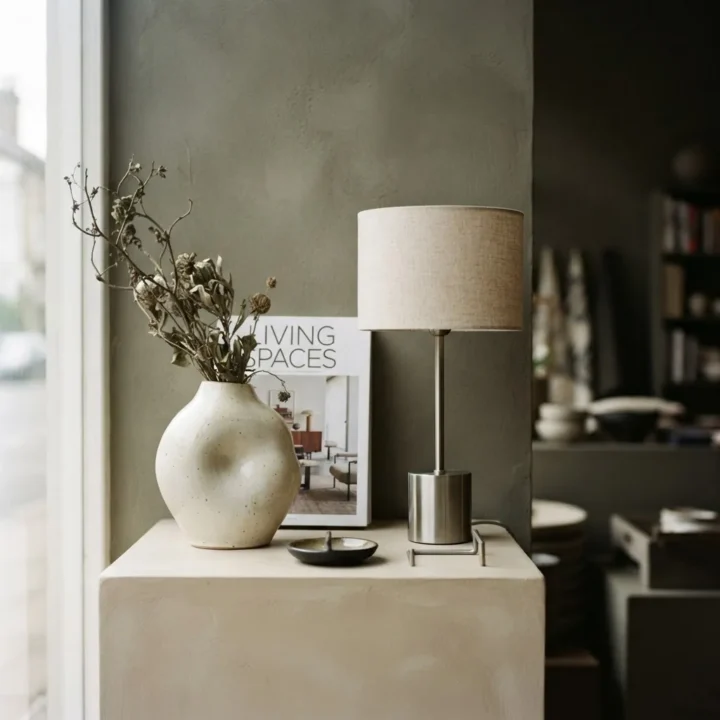 Vase with dried flowers, a table lamp and an interiors magazine on a stone shelf