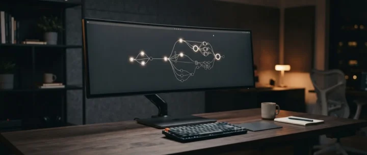 Large monitor showing a connected workflow diagram on a dark desk