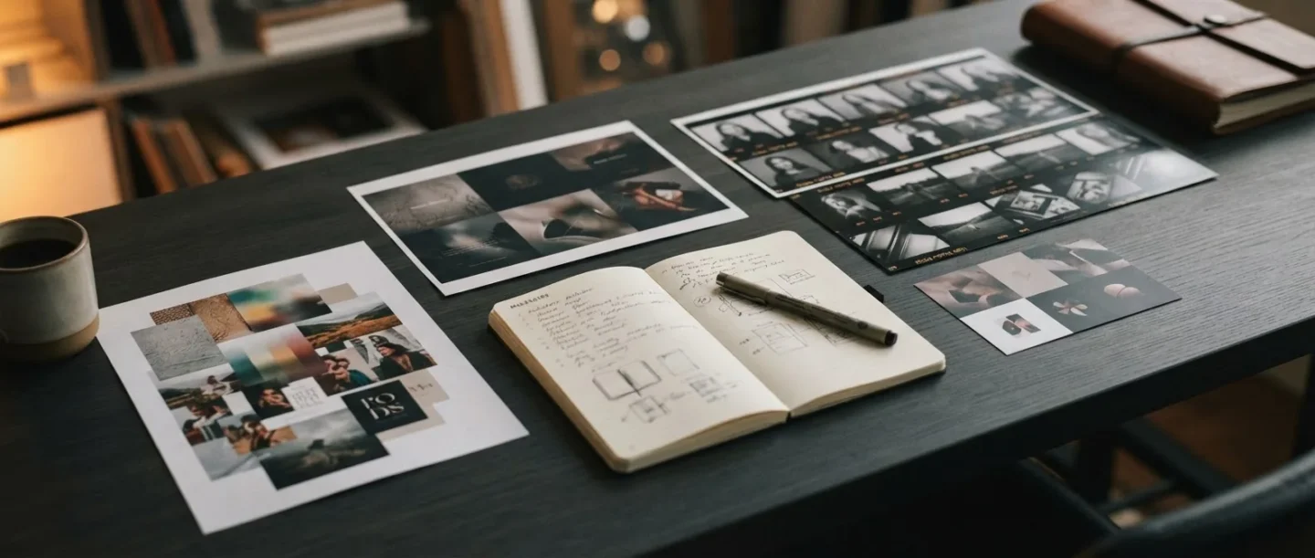 Moodboard photos and a sketchbook laid out for a social media campaign
