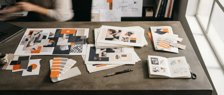 Printed ad concepts and colour swatches spread on a table for campaign planning