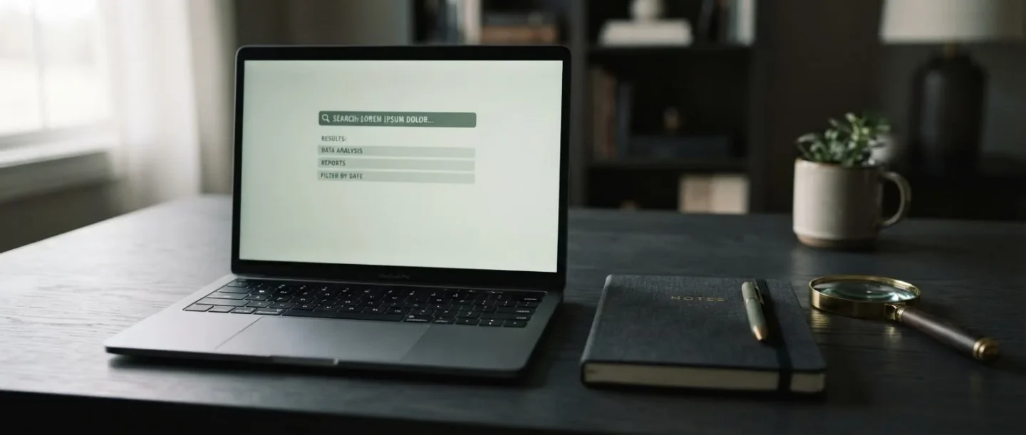 Laptop showing a search results list beside a notebook and magnifying glass