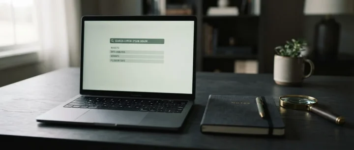 Laptop showing a search results list beside a notebook and magnifying glass