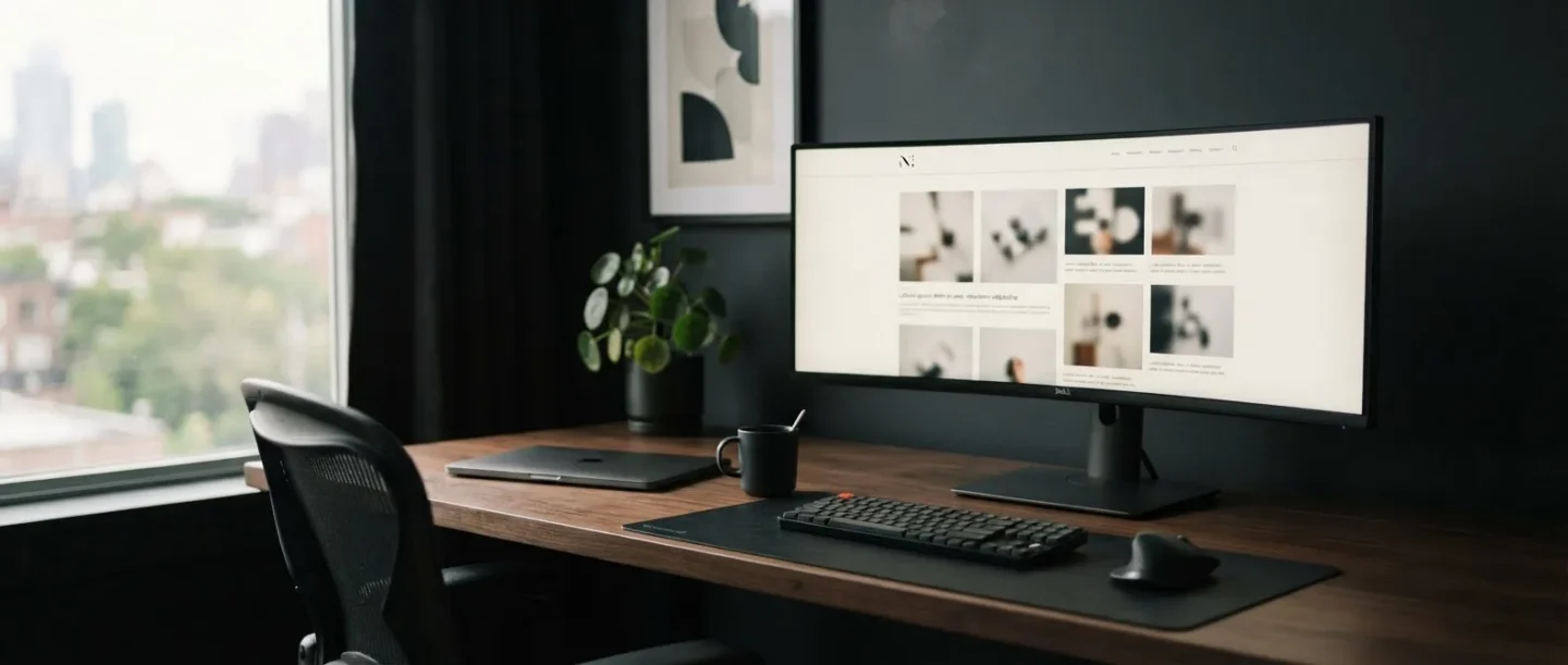 Desktop monitor showing a website layout in a dark studio (concept design, not client work)
