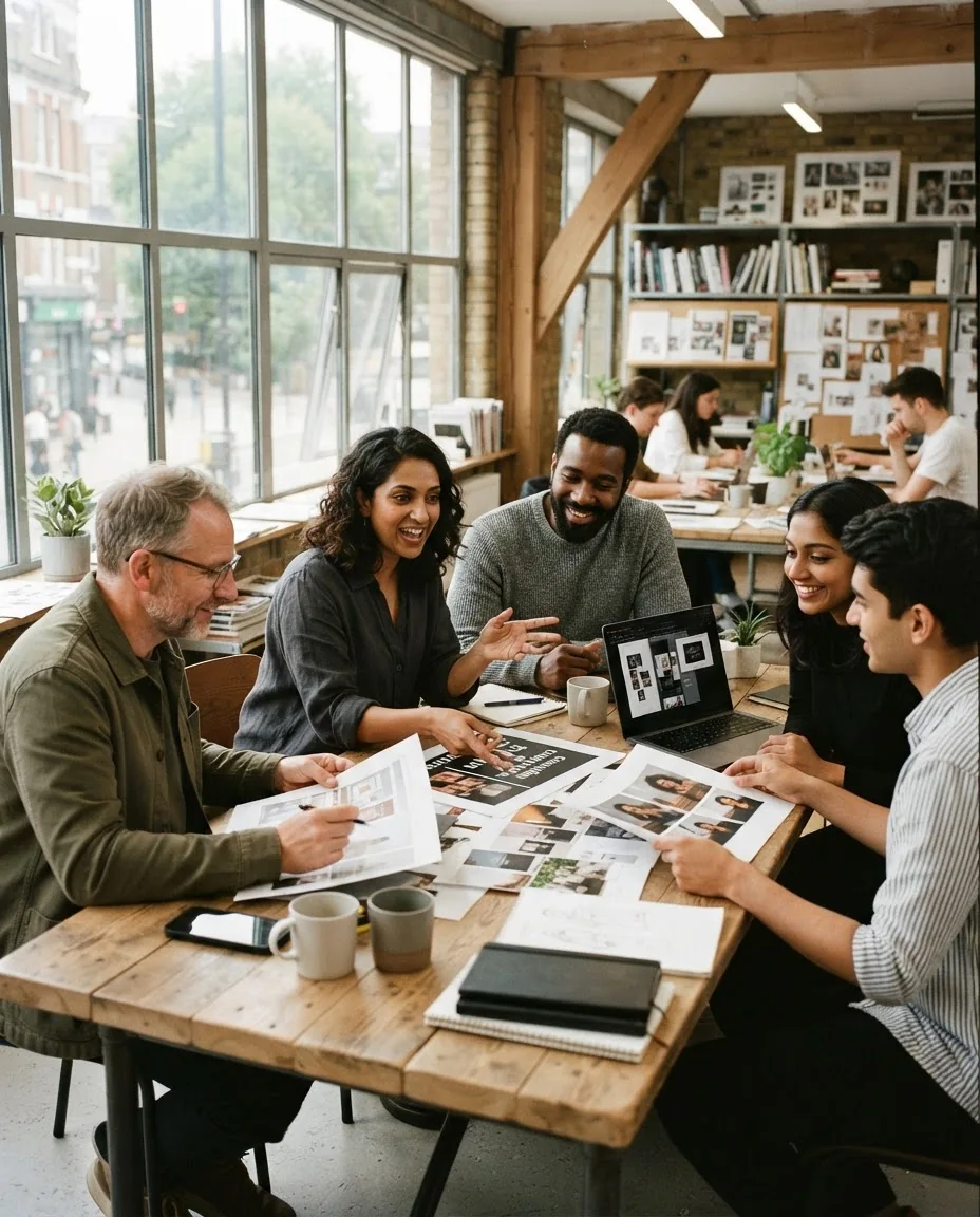 Team discussing printed layouts around a workshop table (stock photo, not the Instalogic team)