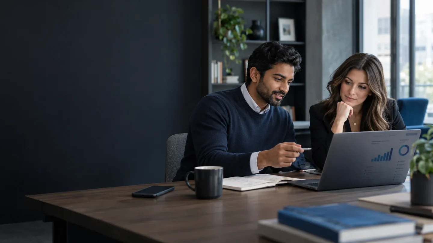 Two people reviewing a chart on a laptop at a shared desk (stock photo, not the Instalogic team)