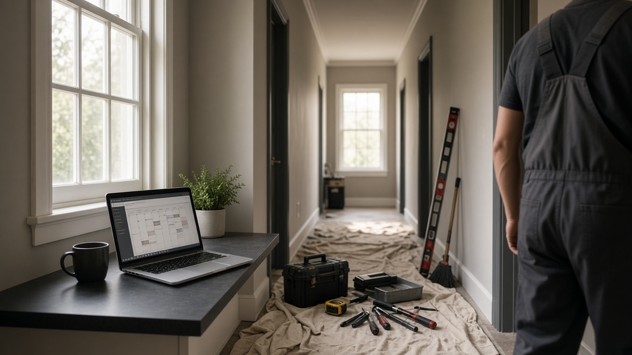 Tradesperson starting work in a hallway with tools and a laptop by the window