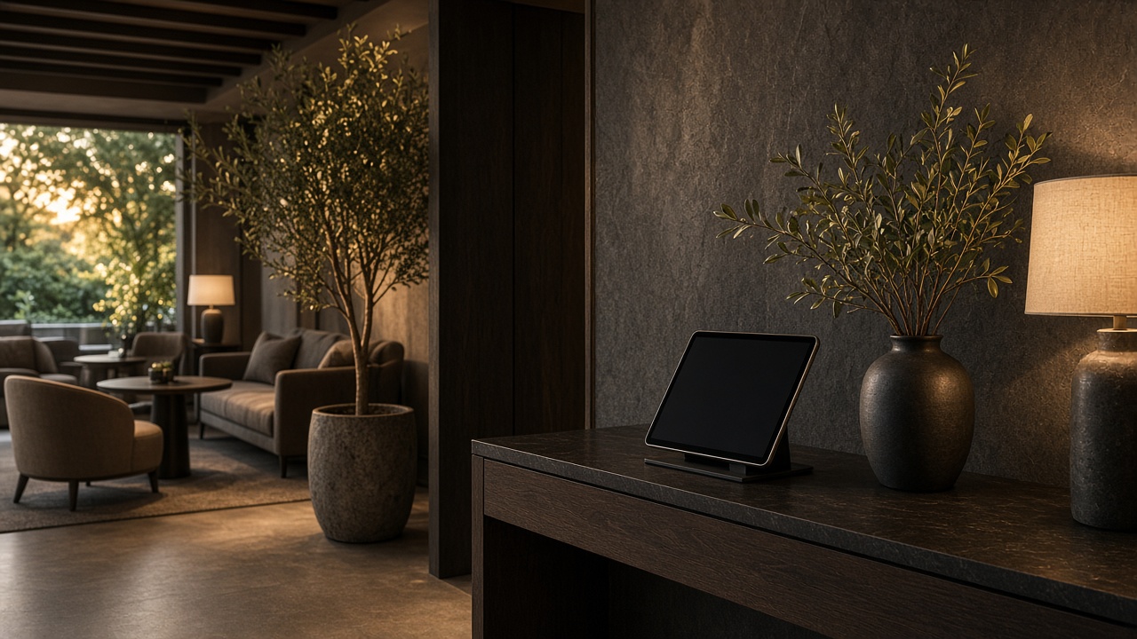 Warmly lit hotel lounge with armchairs, trees and a tablet on the front desk
