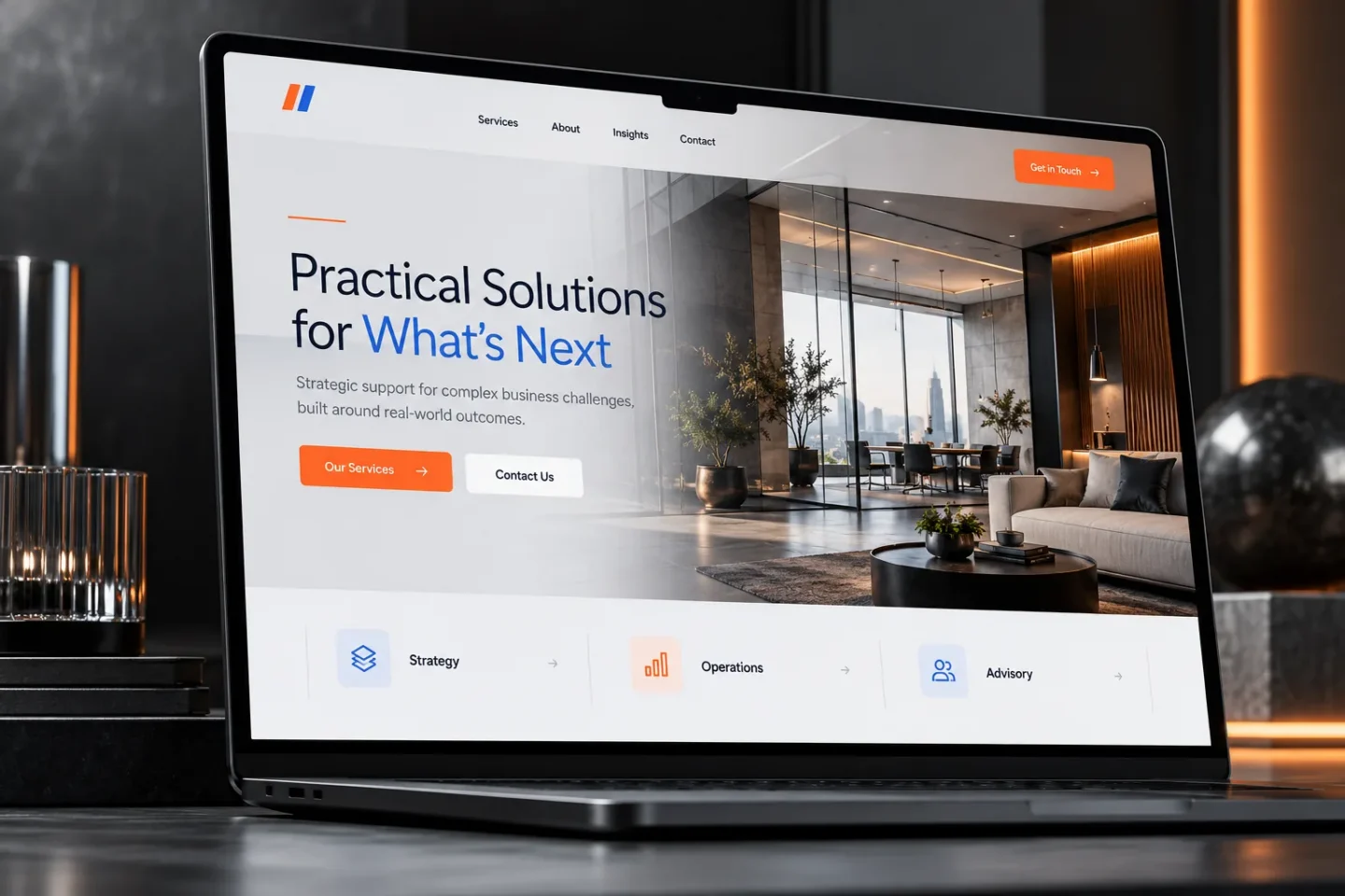 Laptop showing a business website homepage (concept design, not client work)