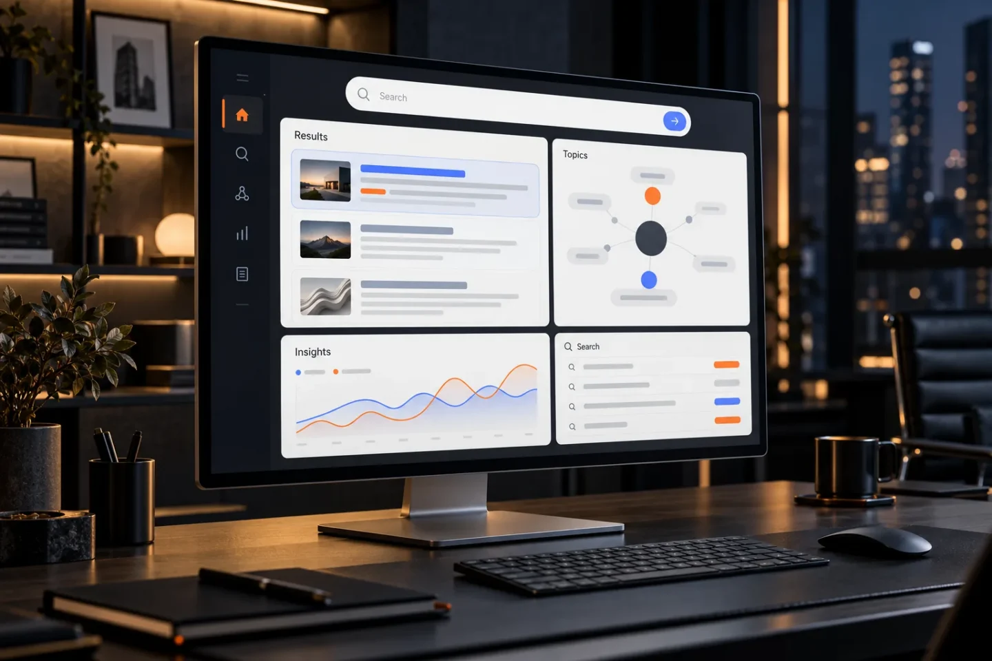 Monitor showing search results, topic map and insights panels (concept design, not client data)