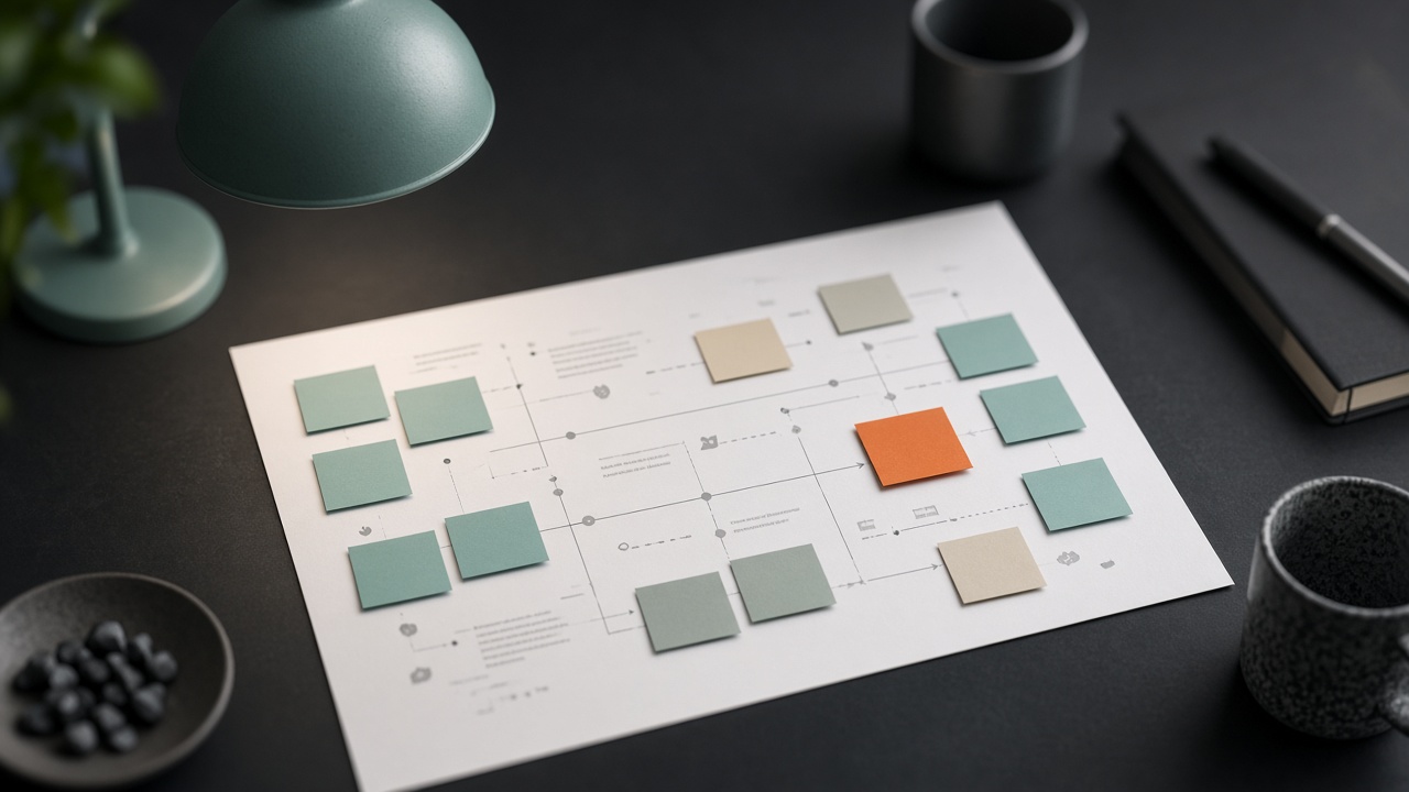 Printed customer journey map with connected cards on a dark desk