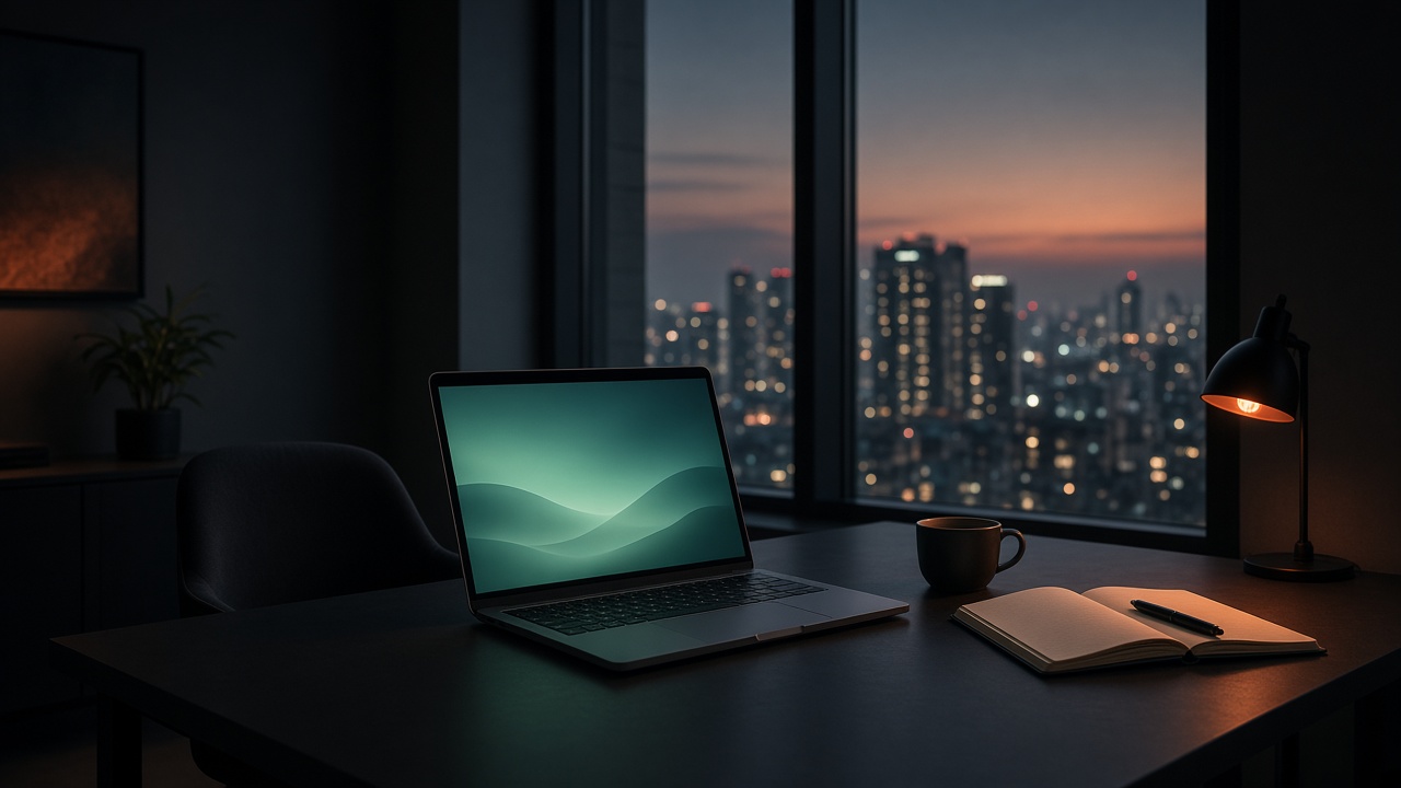 Laptop on a desk by a window overlooking city lights at dusk