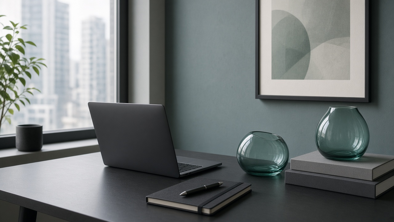 Tidy desk with a laptop, notebook and glass vases by a window