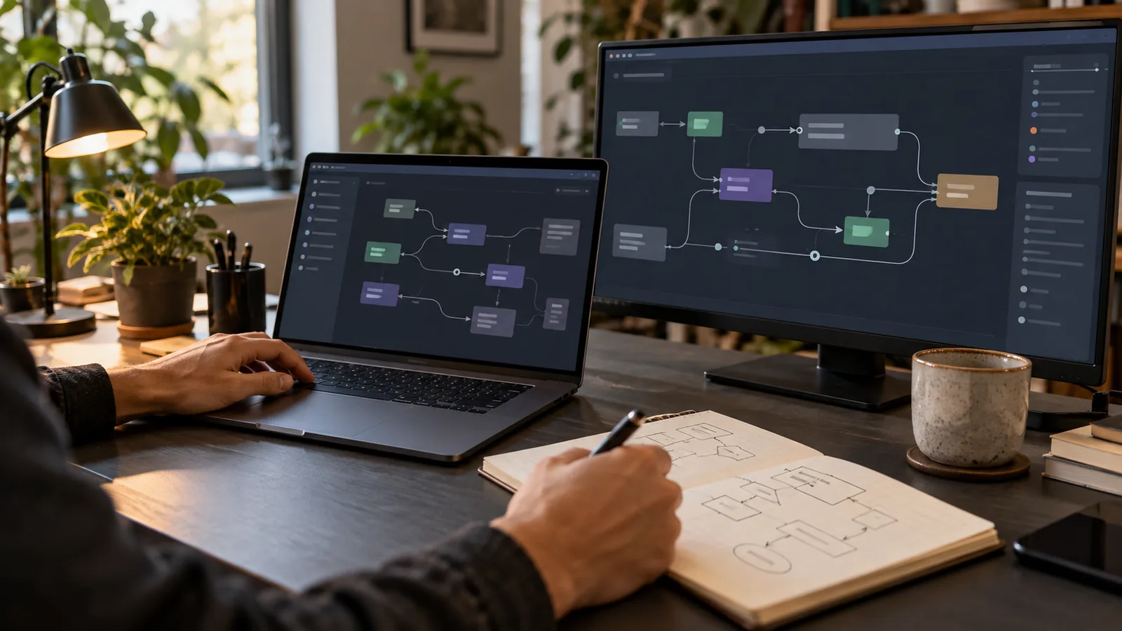Person sketching a workflow beside screens showing automation diagrams
