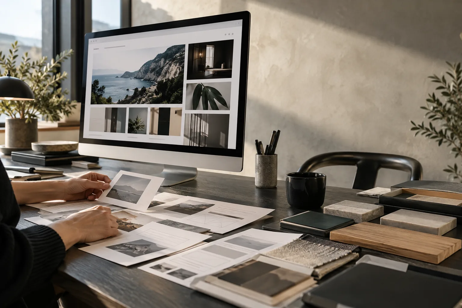 Designer comparing printed layouts and material samples beside a website on screen