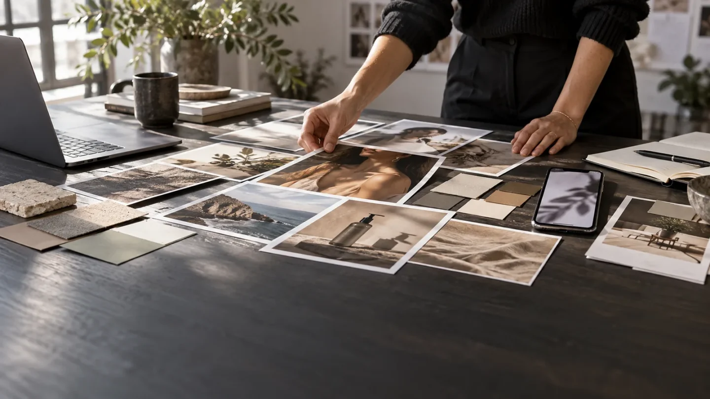 Person arranging printed campaign photos on a large table
