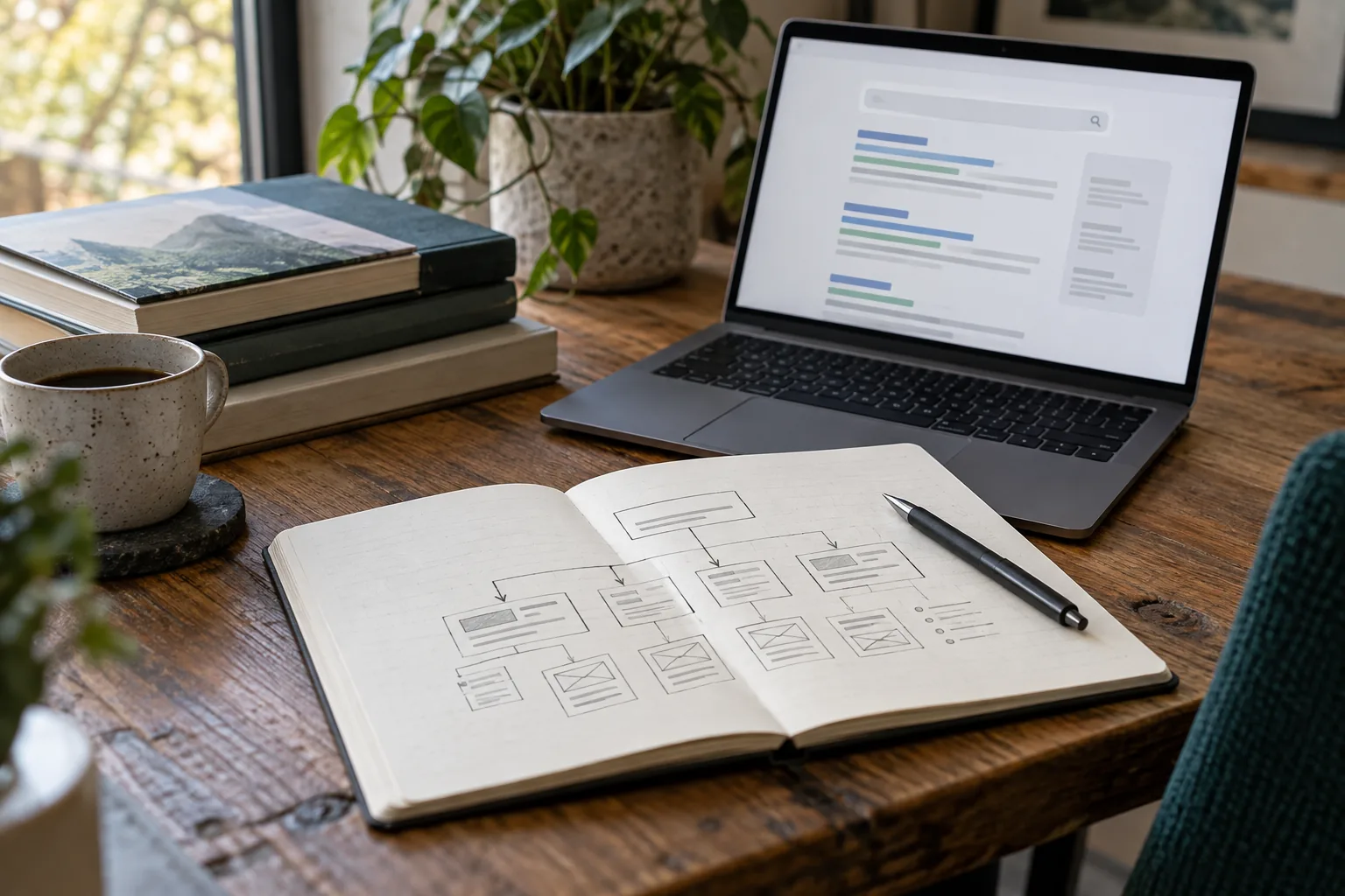 Laptop showing search results next to a notebook with a site structure sketch